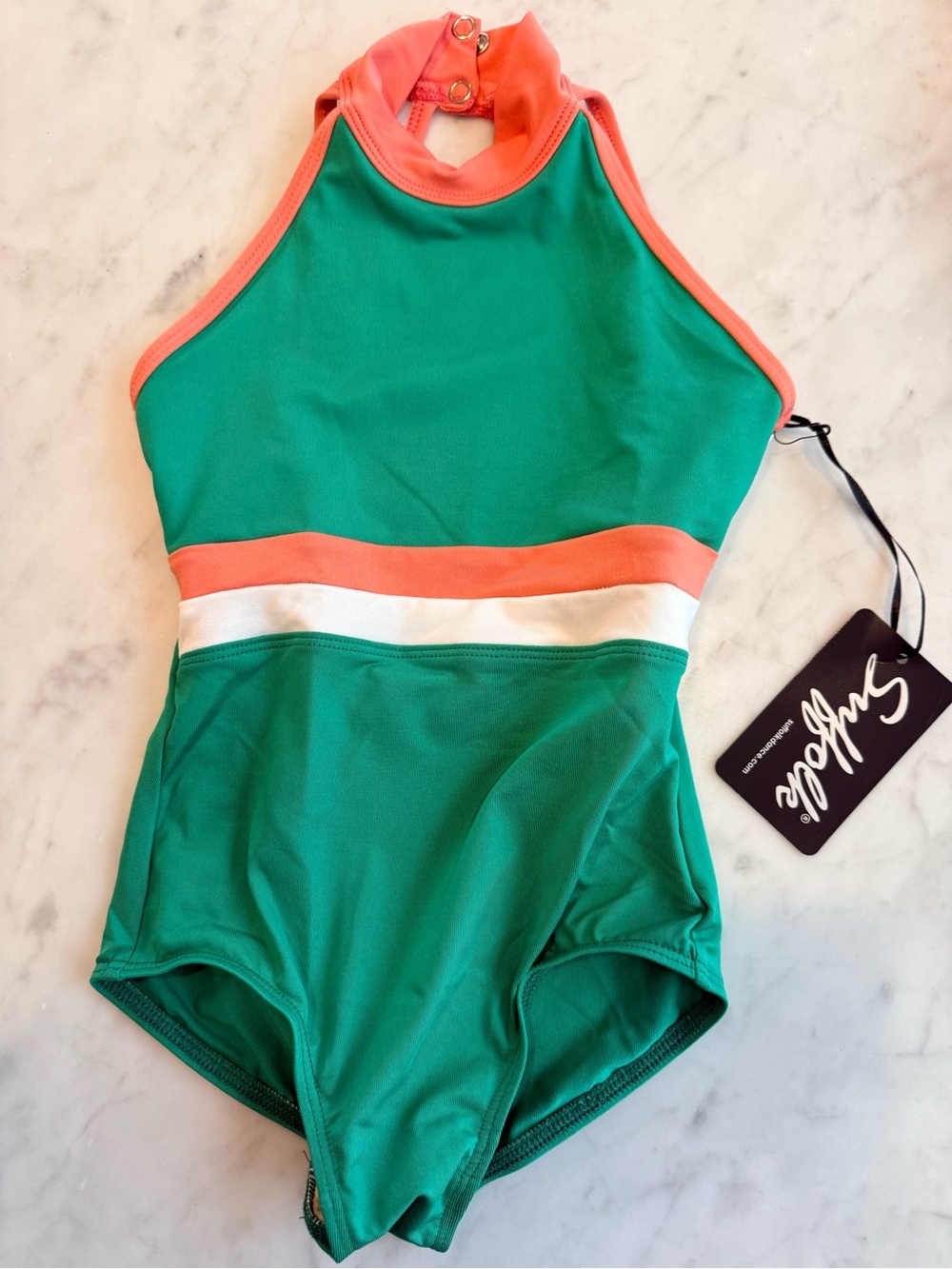 Suffolk Dance Kids Green One-Piece Leotard with Coral and White Bands